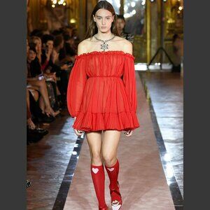 Giambattista Valli H&M Red Chiffon Ruffle Rhinestone Neck Cold Shoulder Dress 10